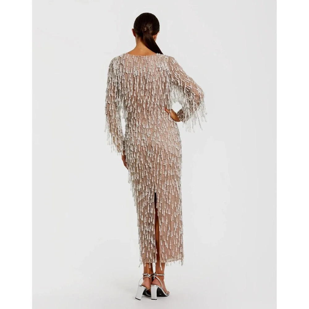 Mac Duggal Beige Long Sleeve Midi Dress With Embellished Fringe $898 - Size‎ 12